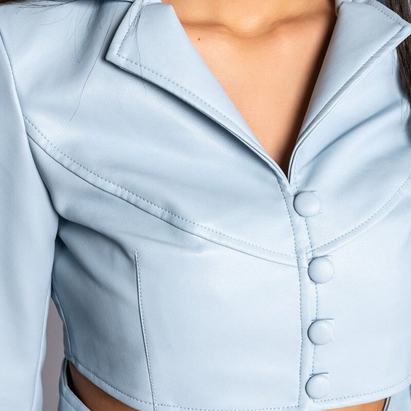 Callie on Clout: Powder Blue Cut Out Button Up Vegan Leather Blazer - Picture 5 of 10